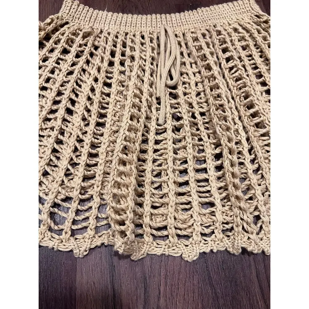 Crochet Hand Made Beige Mini Skirt Knit Cover Up Swim Drawstring Net Skirt Boho